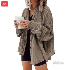 Oversized Waffle Knit Shacket Button Down Long Sleeve Shirt Women